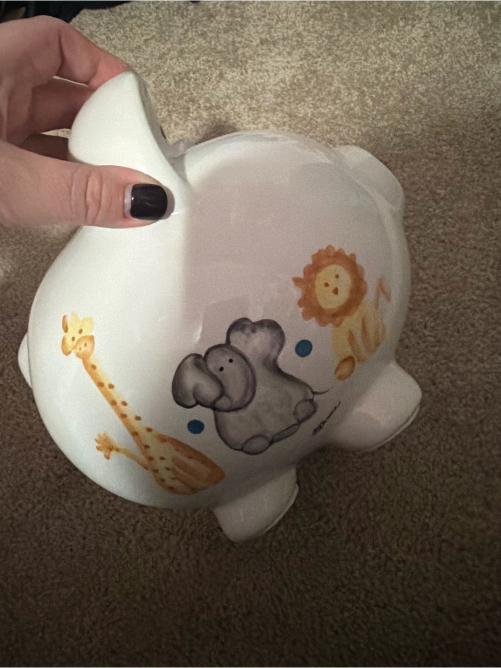 White Ceramic Piggy Bank with Hand-Painted Safari Animals